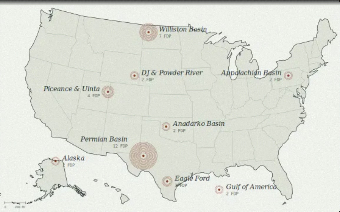 US oil and gas basin experience map showing Williston, DJ & Powder River, Appalachian, Anadarko, Permian, Piceance & Uinta, Eagle Ford, Gulf of America, and Alaska basins with FDP counts
